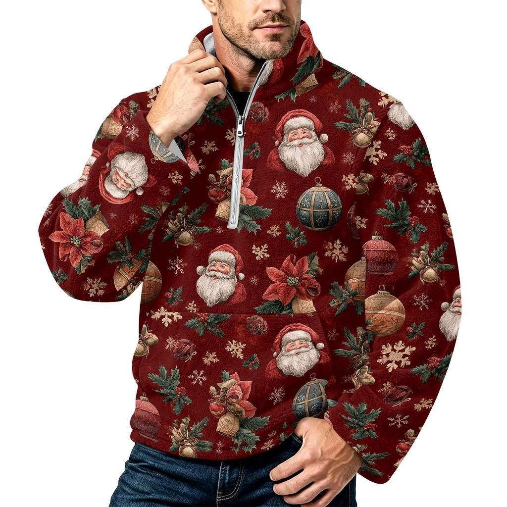 Men's Christmas Print Flannel Zip-Up Sweatshirt with Stand Collar, Plus Size Casual Top for Fall Winter