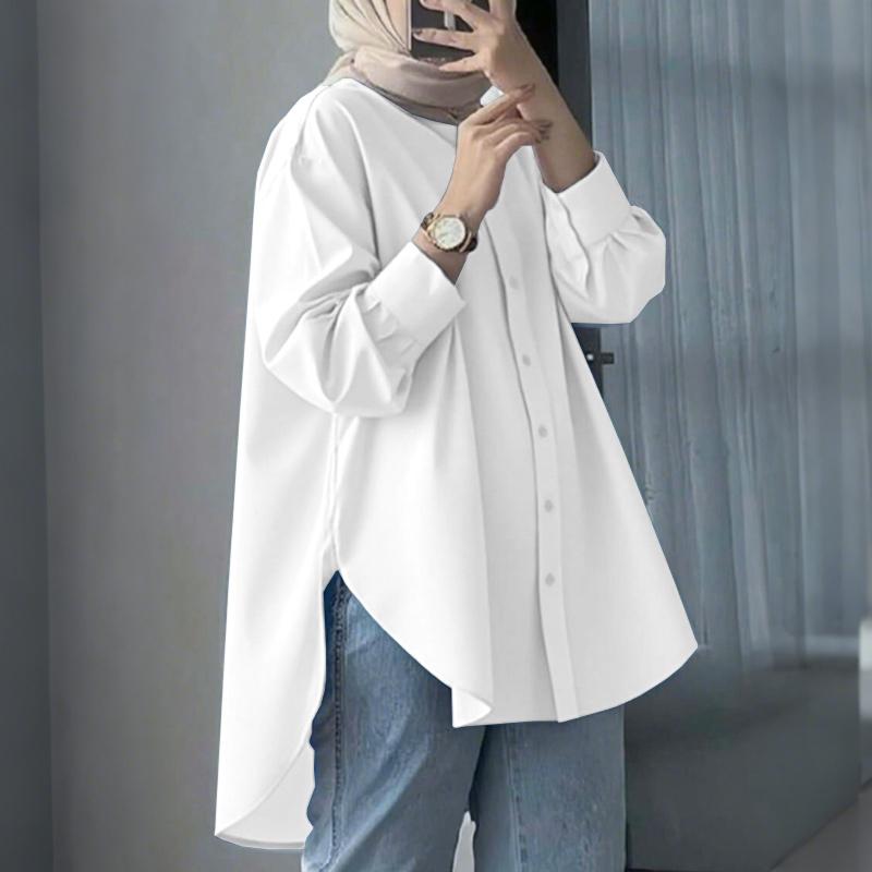 ZANZEA Blusa Casual para Mujer con Cuello Solapa Dobladillo Asimétrico Manga Larga Holgada