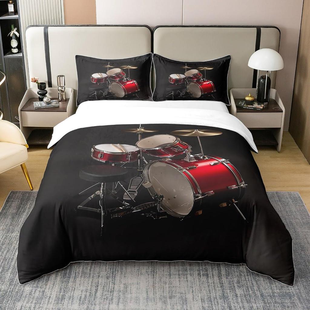 Drum Kit Duvet Cover Sets For Kids Boys Teens Queen Lightweight Quilt Covers Classical Music Bedding Set Room Decor No Comforter