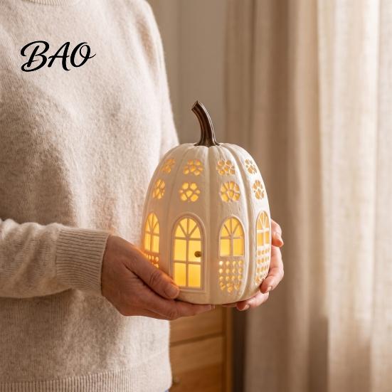 Decorative Pumpkin Sculpture Lighted Cottage Ornament, Flickering Tabletop Lamp, Light-Up Small Desktop Ornament for Autumn Farmhouse Fall Centerpiece