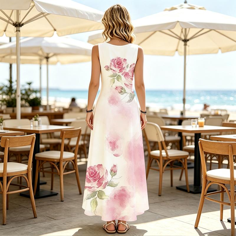 Women's Long Tank Dress Romantic Floral Sleeveless Lightweight Elegant Summer Dress for Beach Vacation Daily Outdoor & Beach Stroll