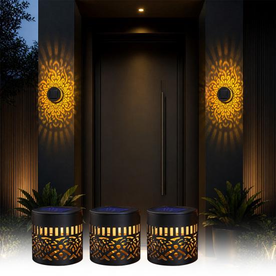 Solar Wall Lamp, Seven Color Changing Projector Light, with Hollow Pattern Design IP65 Waterproof Wall Light, for Outdoor Patio Garden Fence Decor