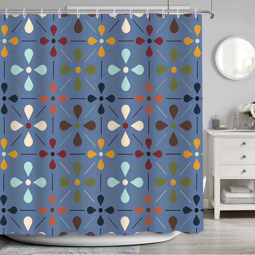 Mid Century Modern Shower Curtain, Geometric Abstract Bathroom Decor Set With Hooks, Waterproof Washable Retro Fabric Decor