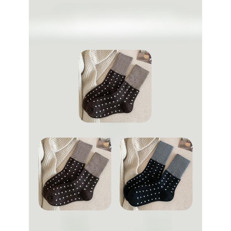 3 Pairs of  Female Autumn and Winter Thickened Warm Retro Splicing Color Polka Dot Wool Tube Socks