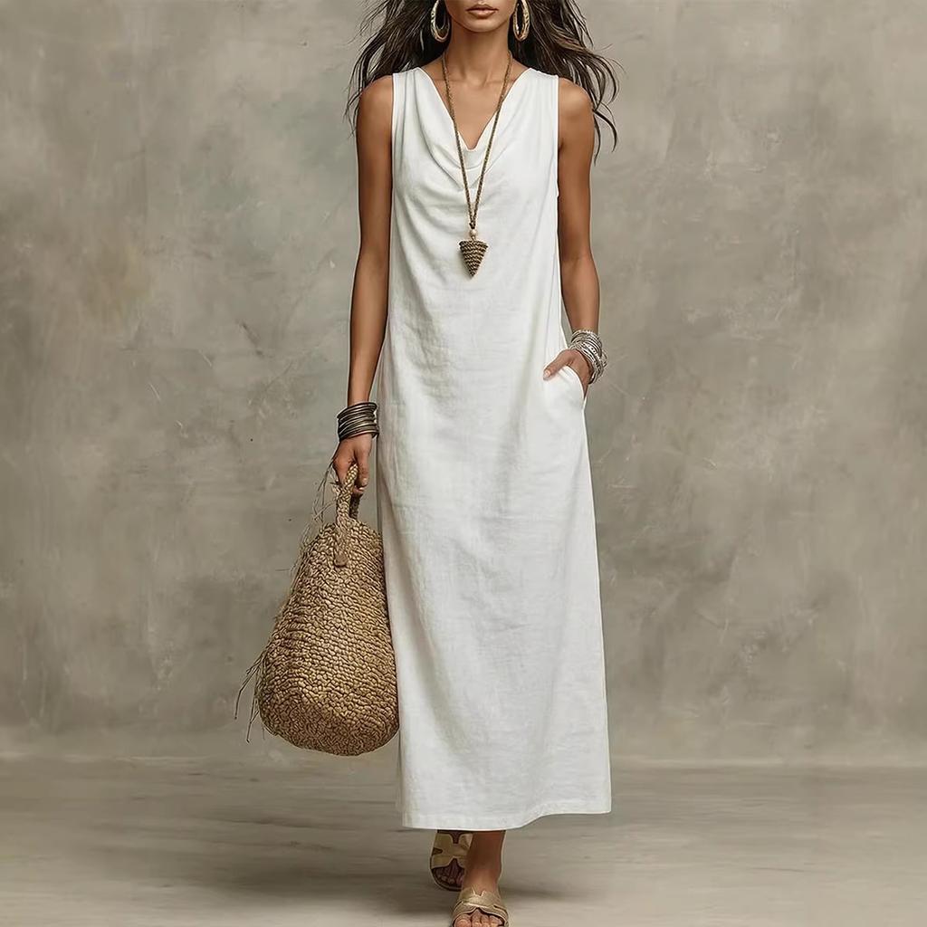 2026 new European and American cross-border Amazon bohemian cotton and linen loose fashion temperament V-neck sleeveless dress