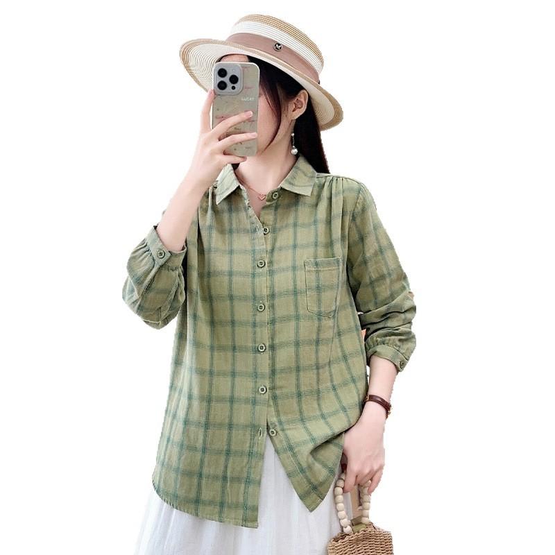 New Retro Literary Double-layer Cotton Yarn Plaid Shirt Japanese Casual Style Loose and Thin Pure Cotton Long-sleeved Shirt Women