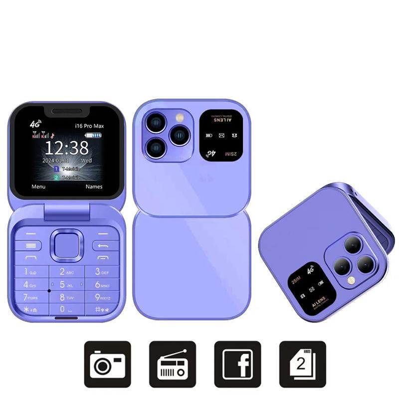 2025 I16 PRO MAX 4G Mini Fold Mobile Phone 2 SIM Card Speed Dial Video Player Magic Voice Blacklist Small Flip Cellphone Type-C