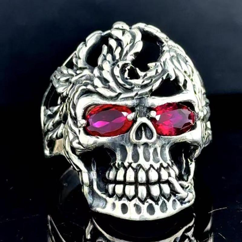 

European and American new fashion skull shape red zircon inlaid punk retro men s ring 8&Silver Plated красный