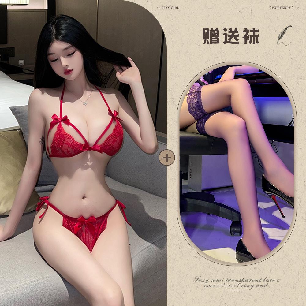 Sex underwear sexy lace three-point bra underwear women's transparent temptation pure desire women's pajamas