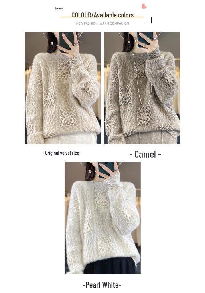 Women's Classic Round Neck 100% Pure Wool Knitted Sweater with Hollow Crochet Design Pullover.