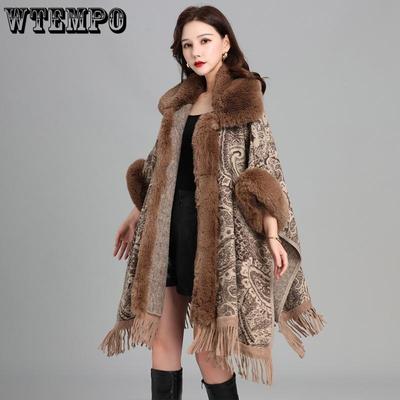 Imitation Rabbit Fur Jacquard Hooded Poncho For Women Loose Vintage Casual Capes Female Tweed Cardigan Coat Winter Shawl