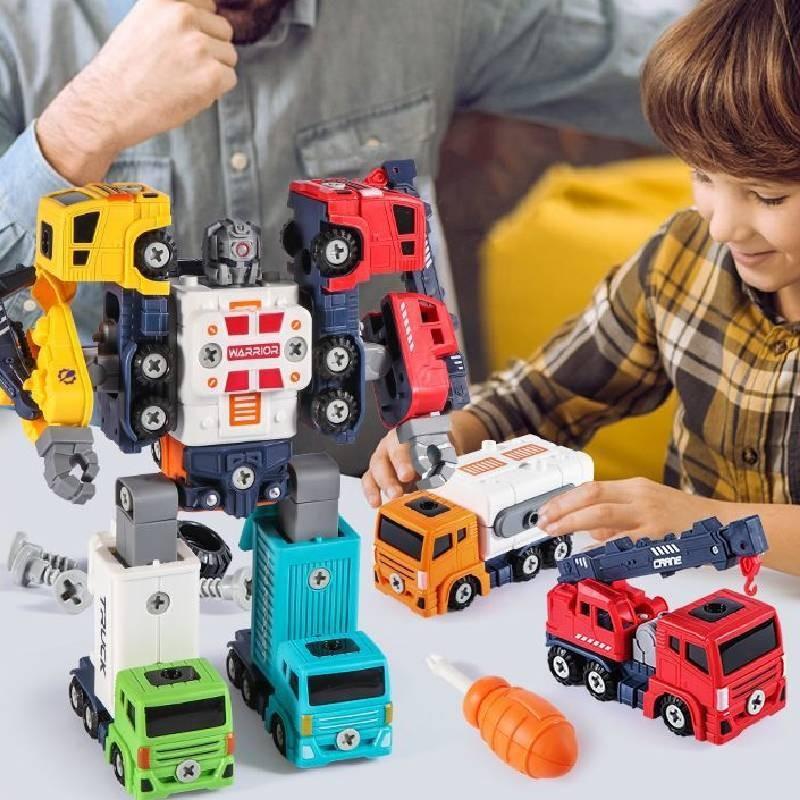 Diy Detachable Engineering Vehicle Toy Set For Boys With Five Colorful Transforming Robots