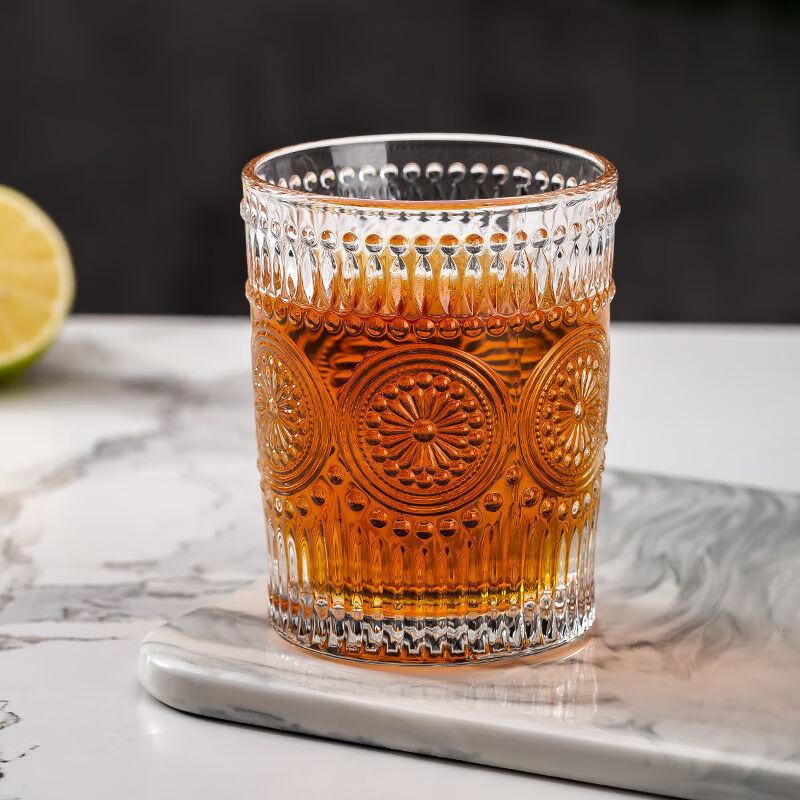 Paibei Vintage Embossed Sunflower Glass Cups, 350ml 4-Pack