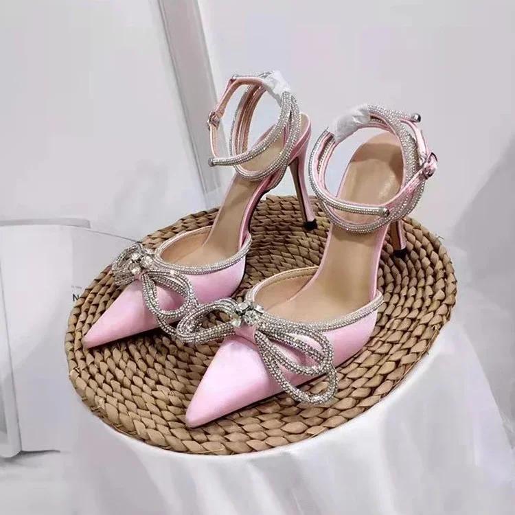 Glitter Rhinestones Pumps Ladies Sexy Crystal Bowknot High Heels Women Elegant Slim Heels  Party Wedding Pumps 36-42