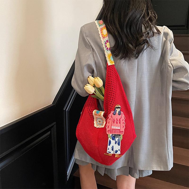 Carto Figure Hollow Mesh Knit Shoulder Bag,Beach Vacati Slouchy Chic Tote Bag,Lightweight Laid-Back Casual Women Handbag