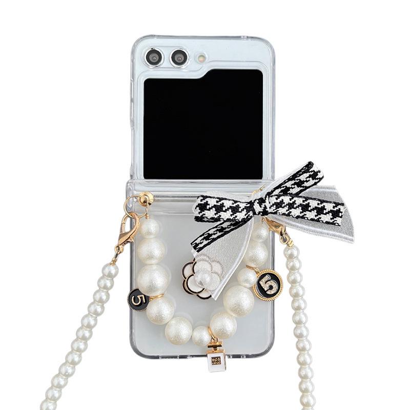 Transparent Ins Style Phone Case for Samsung Zflip6 Foldable Screen Flip W24flip Pearl Hand-held Chain Flower