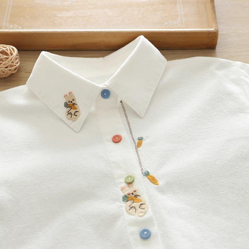 Women's Spring Embroidered Rabbit Radish White Blouse with Long Sleeves