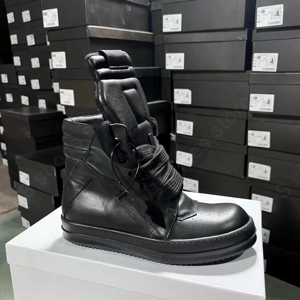R-o Designer Men Shoe Full Black Leather Ankle Boot Sneaker High Top Casual Shoes Jumbo Laces Zipper Women Boots Flat Sneakers