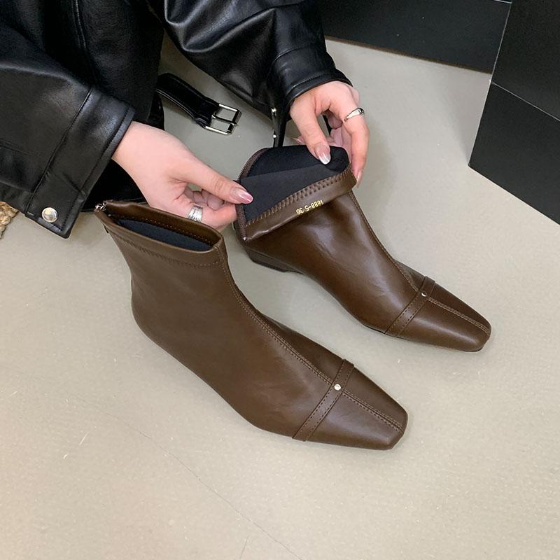 Fashion Female Square Toe Ladies Ankle Boots Low Heel Shoes Fashion Elastic Women Short Stretch Boots With Zippers Shoes