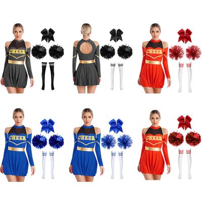 Komplettes Cheerleading Halloween & Performance Outfit für Damen S-XXL: Cutout-Kleid mit Accessoires (Schleife, Socken, Blumen)