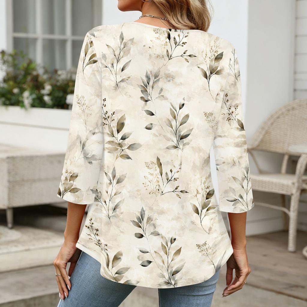 Womens 3/4 Sleeve V Neck Button Detail Floral Print Tunic Top Casual Loose Fit Lightweight Blouse