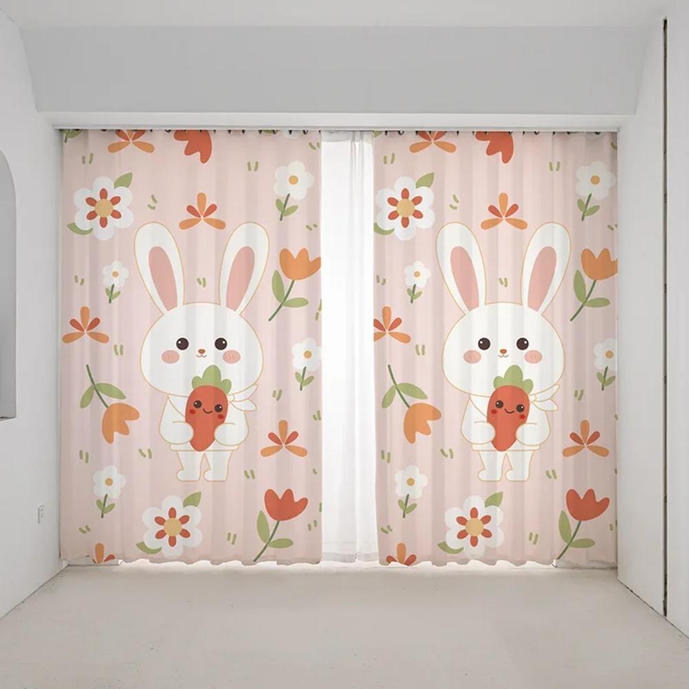 Cartoon Fun Bunny Bear Cute Ins Pink Girl Kids Room Bedroom Kindergarten Semi-blackout Window Blind Curtain High Shading 2Panels