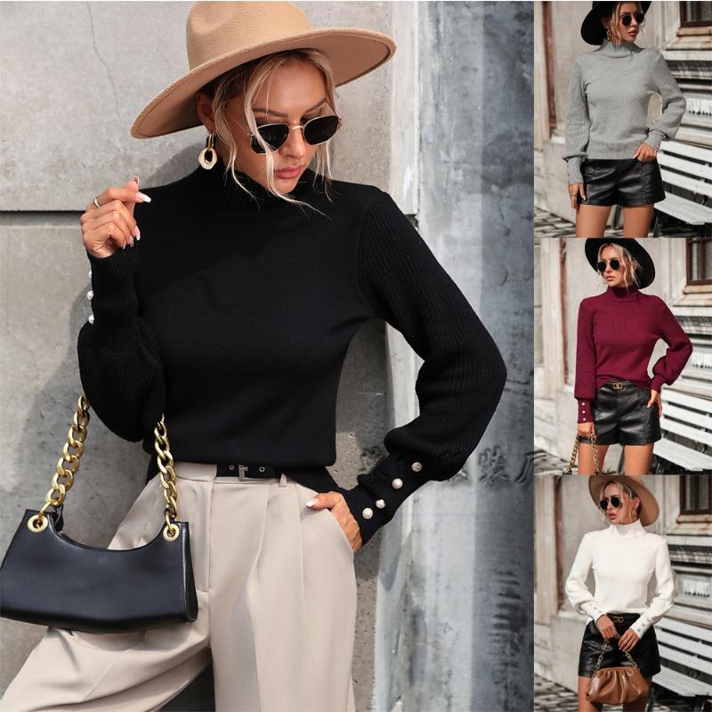 

Solid Color Pullover Women s High Neck Beading Sweater S бордовый