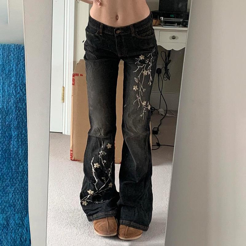 GS Weekeep Jeans met bloemenborduursel Vintage jaren 2000 Low Rise Uitlopende Jeans Dames Retro y2k Baggy Denim Broek High Street Basic Broek XS