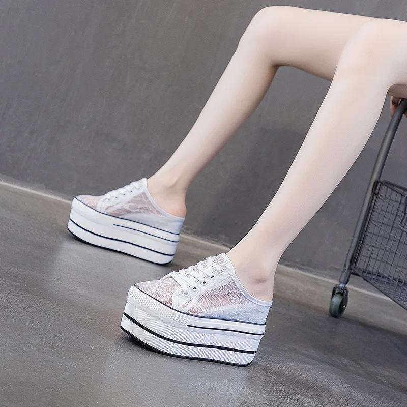 Fashion 2025 Summer Lace Breathable Mesh Shoes, Inner Height, Women's Shoes, Covered Head, Half Slippers, Women's Outer