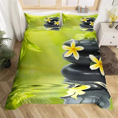 Zen Stones Duvet Cover Bamboo Phalaenopsis Bedding Set Meditation Quilt Cover Microfiber Tranquil Nature Artwork Bedspread Cover