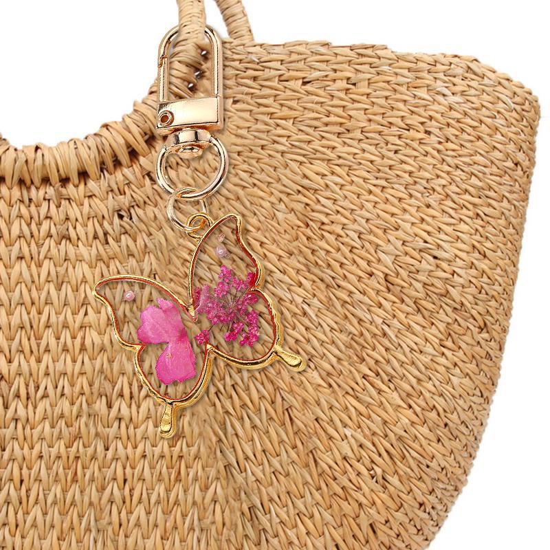 1PC Butterfly & Fishtail Colorful Resin Keychain Creative Waterdrop Metal Plated Dried Flower Key Holder Irregular-shaped