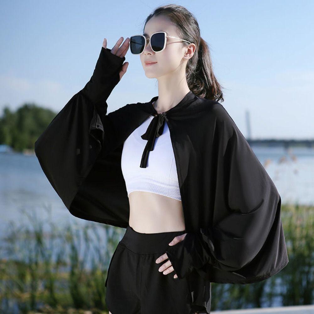 Long Sleeve Sunscreen Shawl Solid Color Thin Crop Top New Long Sleeve Crop Top  Outdoor Activities