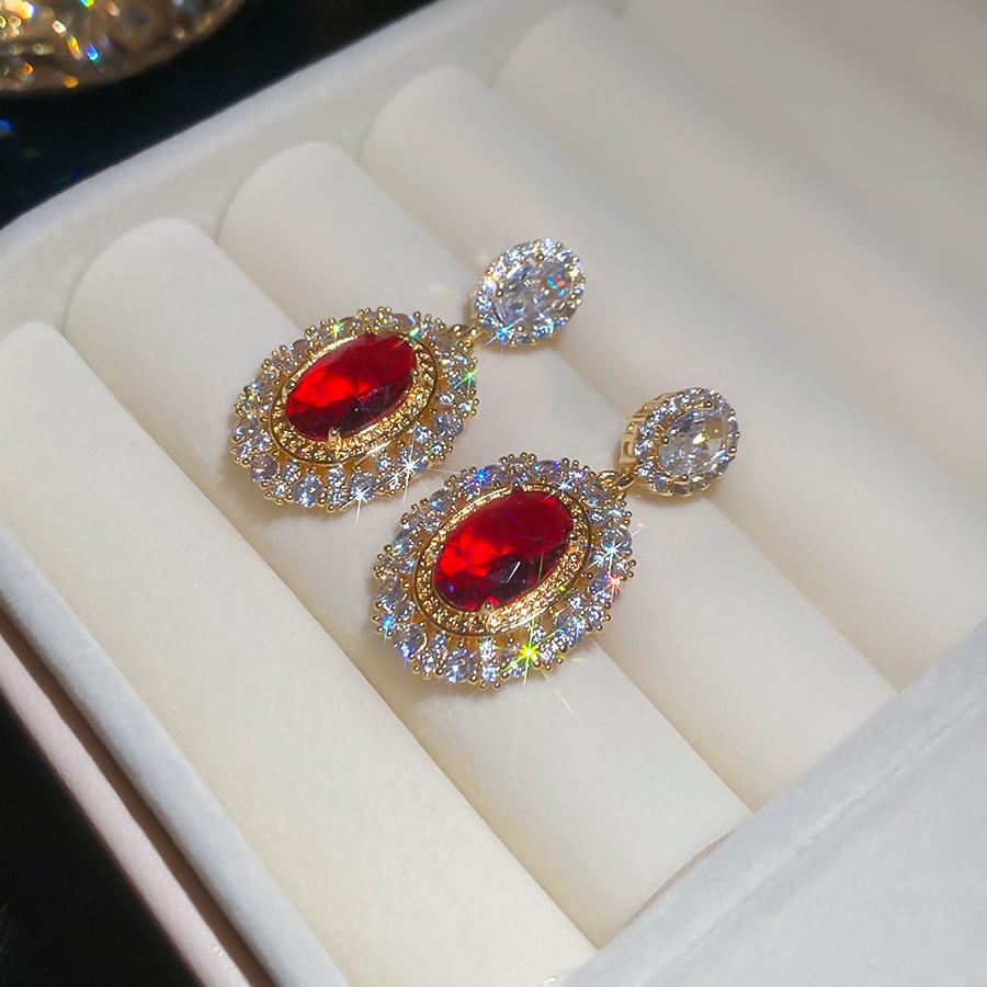 K real gold electroplated silver needle zircon oval pendant earrings retro court style stud earrings light luxury high-end earrings