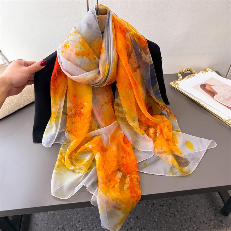 Green Orange Blossom Encryption Soft Yarn Printing Spring And Summer Silk Scarf Large Long Scarf Travel Shawl Sun Protection Women'S Scarf Headscarf
