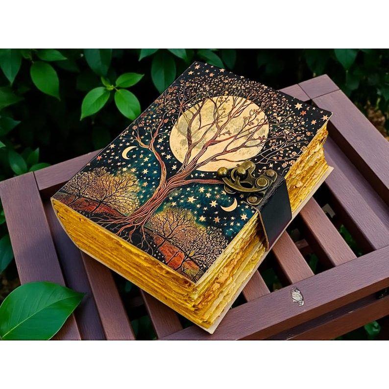 Tree of Life Leather Journal – Fairy Moon and Stars Grimoire Notebook –  Spell Book – Pagan Diary