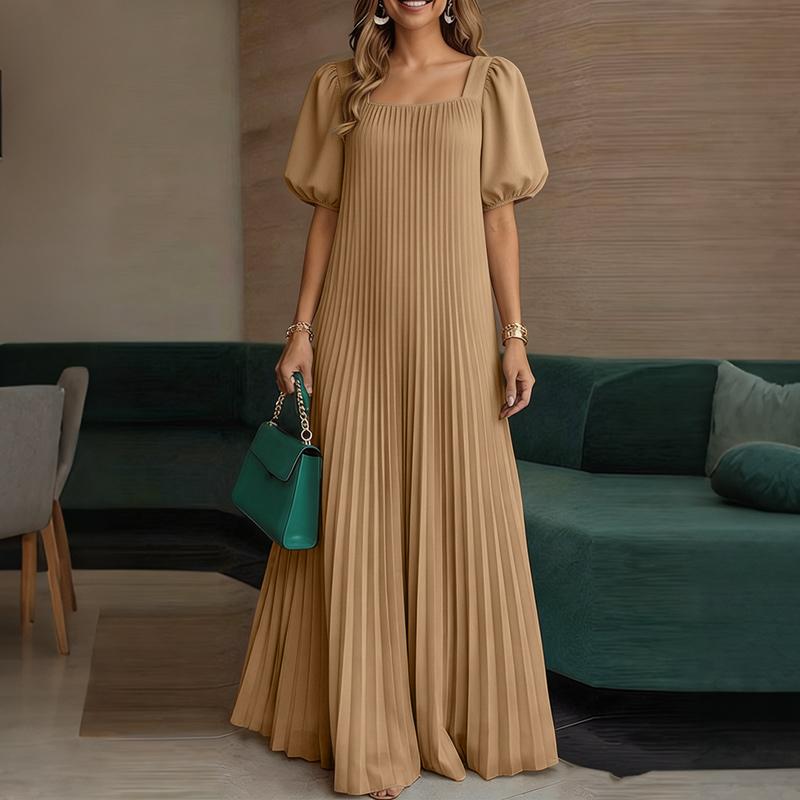 ZANZEA Women Elegant Square Collar Puff Short Sleeve Loose Pleated Long Dress S