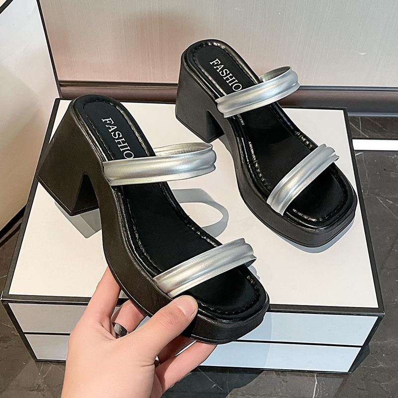 Fashion High-heeled Slippers Fashion Square Head Open Toe Waterproof Platform Anti-slip Wear-resistant Square Heel Shoes