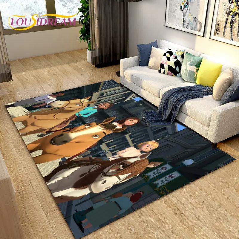Cartoon Spirit Riding Free Horses Area Rug,Carpet Rug for Living Room Bedroom Sofa Doormat Decoration, Kids Non-slip Floor Mat