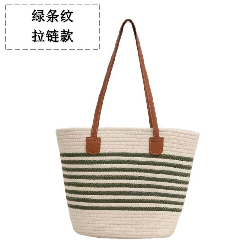 Versatile High-end Straw Bag, Seaside Vacation Striped Woven Bag, Women's Large-capacity Shoulder Beach Tote Bag