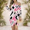 Women S Plus Size Chain Strap Cold Shoulder Long Sleeve Printed Asymmetrical Bodycon Dress