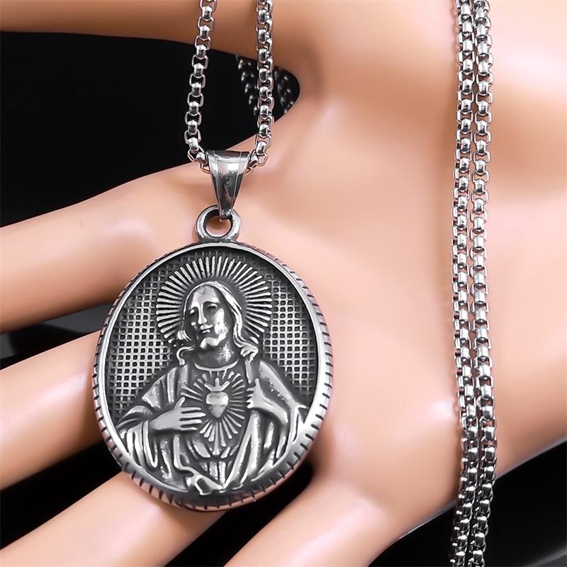 Retro Katholische Heiliges Herz Jesu Halskette für Damen Herren Edelstahl Silberfarbe Medaille Anhänger Halsketten Schmuck NZZS05