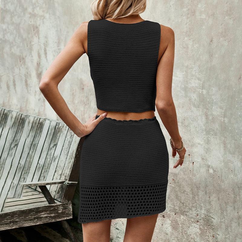 Zweiteilige Weste mit V-Ausschnitt, halber Körperrock, modischer einfarbiger Anzug für Damen, gestrickt