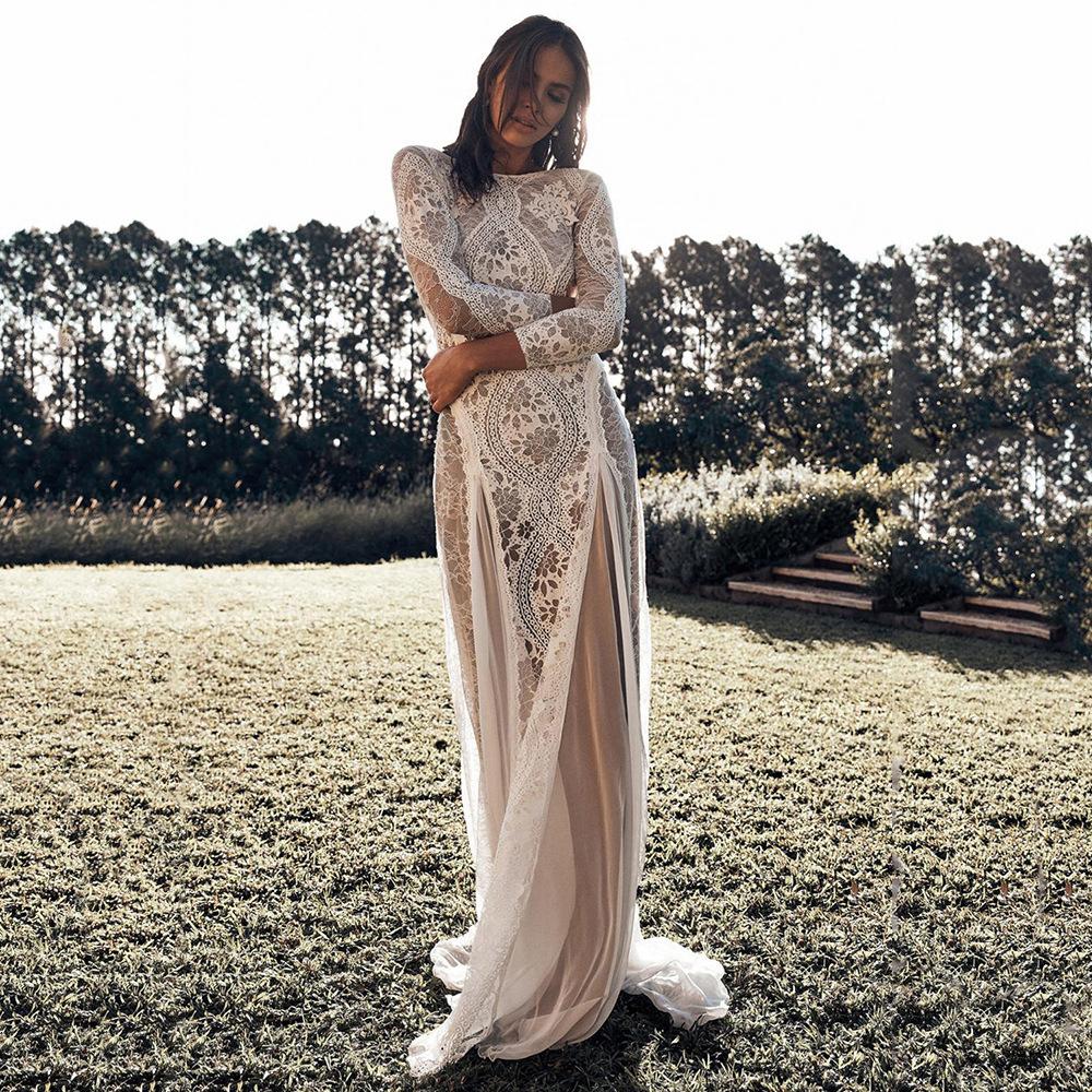 2026 Spring New European and American Women's Dress Crew Neck Long Sleeve Hollow Backless Lace Celebrity Banquet Wedding Dress