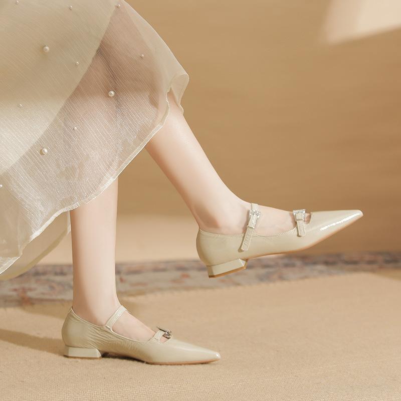 29818 [sheepskin] flat shoes women's thick heel 2025 new pointed one-word with Mary Jane wrinkled leather shoes