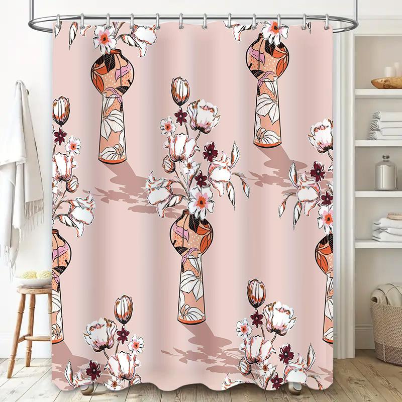 Luxury Floral Print Bath Curtains for Bathroom Decor in Pink and White Waterproof Fabric Shower Curtain with Metal Hook Rings Se
