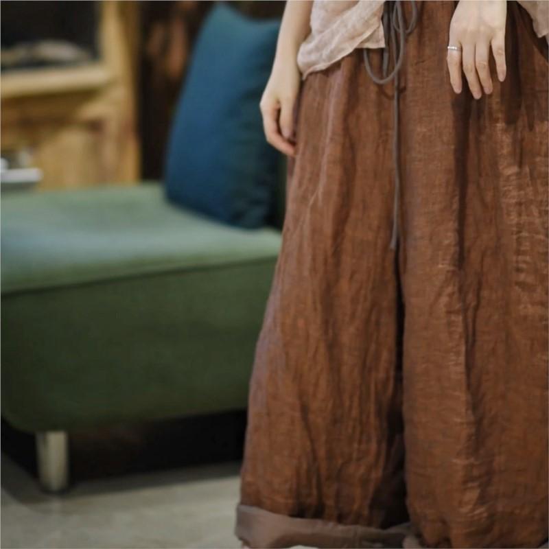 Johnature Pantaloni cu dungi pentru femei Talie elastică Culoare solidă Pantaloni de toamnă Largi Curea Stil chinezesc Pantaloni lungi pentru femei