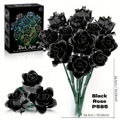 585PCS Black Rose Bouquet Building Blocks Set Gothic Artificial Flower Home Decor Bricks Kids Educational Toys Holiday Gifts