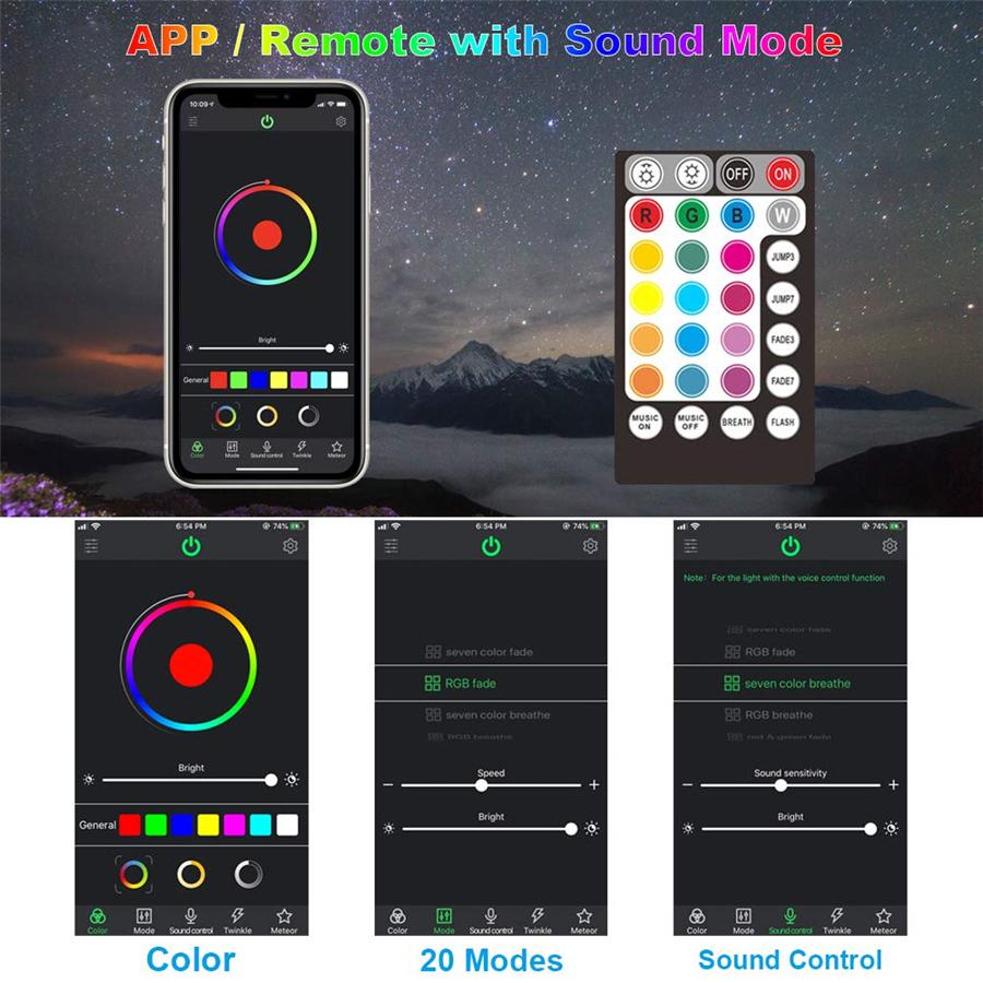 12W RGBW Twinkle Bluetooth APP RF Sound Control Fiber Optic Star Ceiling Meteor Light Kit