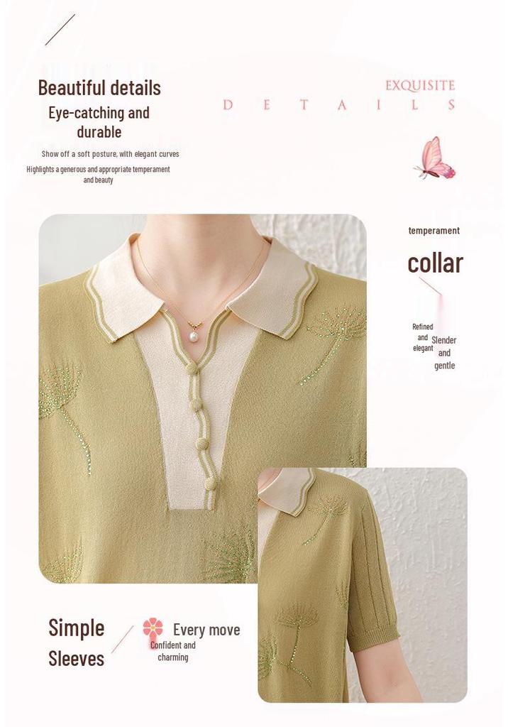 Mother's Day Stylish Ice Silk Short-Sleeve Lapel Blouse for Middle-Aged Women