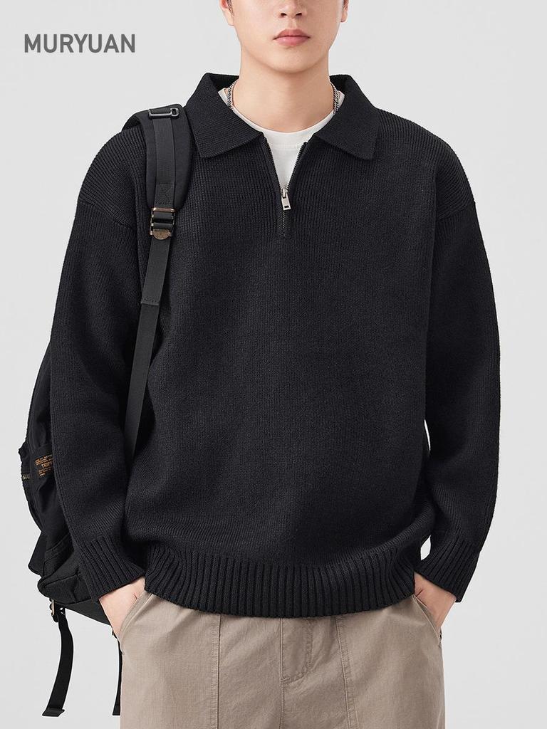 Mu Yuan Unisex American Cleanfit Polo Collar Sweater - Casual, Loose, Versatile Knitwear for Men
